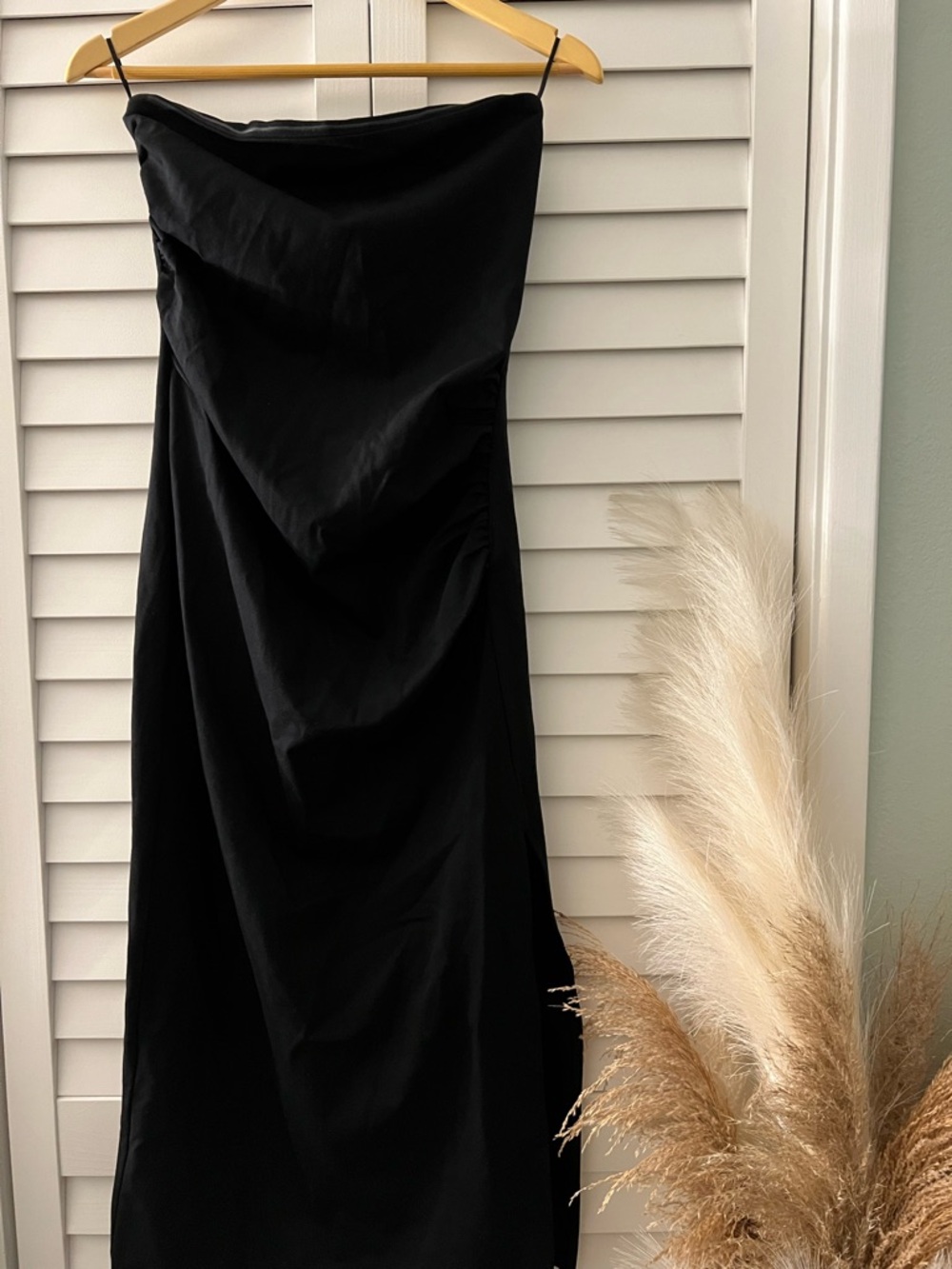 a new day Strapless Black Midi Dress - Sleek Gathered Silhouette